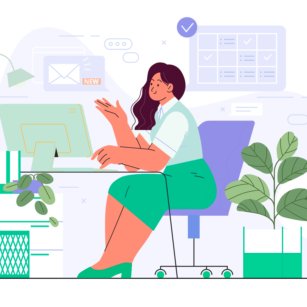 Illustration med en person som sitter framför en dator - Personalhandbok – gratis mall | Seiva.