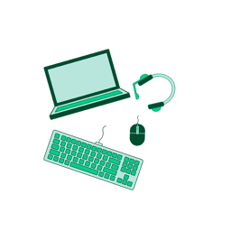 Illustration - Grönt tangentbord, laptop, hörlurar och datormus | Rabatt på elektronik - Seiva.