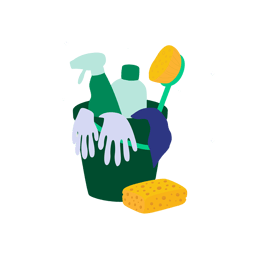 Illustration - Grön städhink med städmaterial i | Rabatt på städmaterial - Seiva.