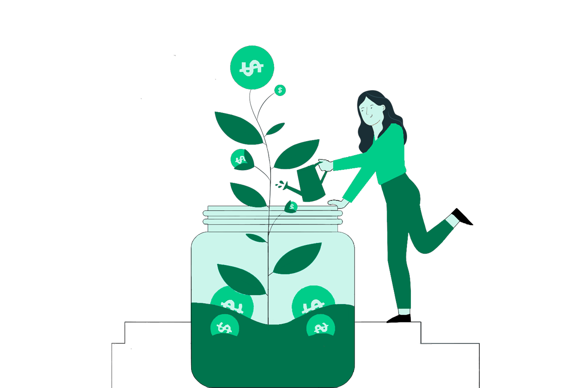 illustration i grönt - en person som häller vatten på en planta i en burk - Sju steg till lägre inköpskostnader i din verksamhet | Seiva