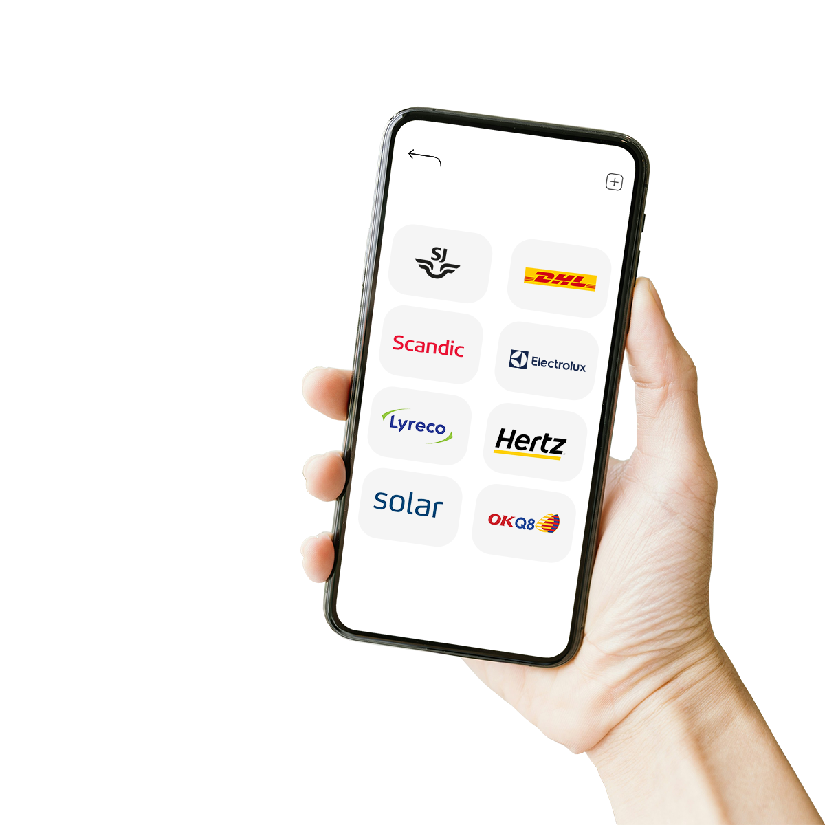Hand som håller i en mobiltelefon med olika företagsloggor | Seiva.