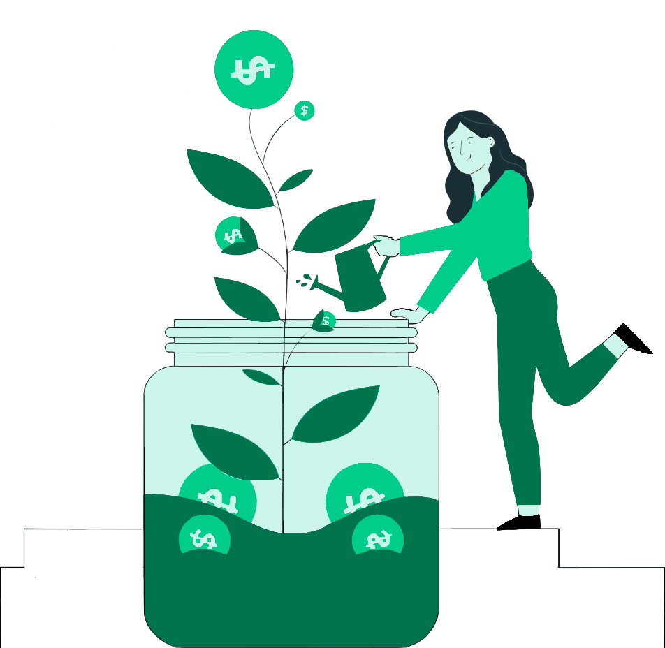 illustration i grönt - en person som häller vatten på en planta i en burk | Seiva