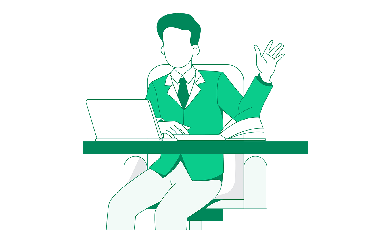 Illustration - en person som sitter vid ett skrivbord och har en laptop framför sig | Inköpscoach - Seiva.